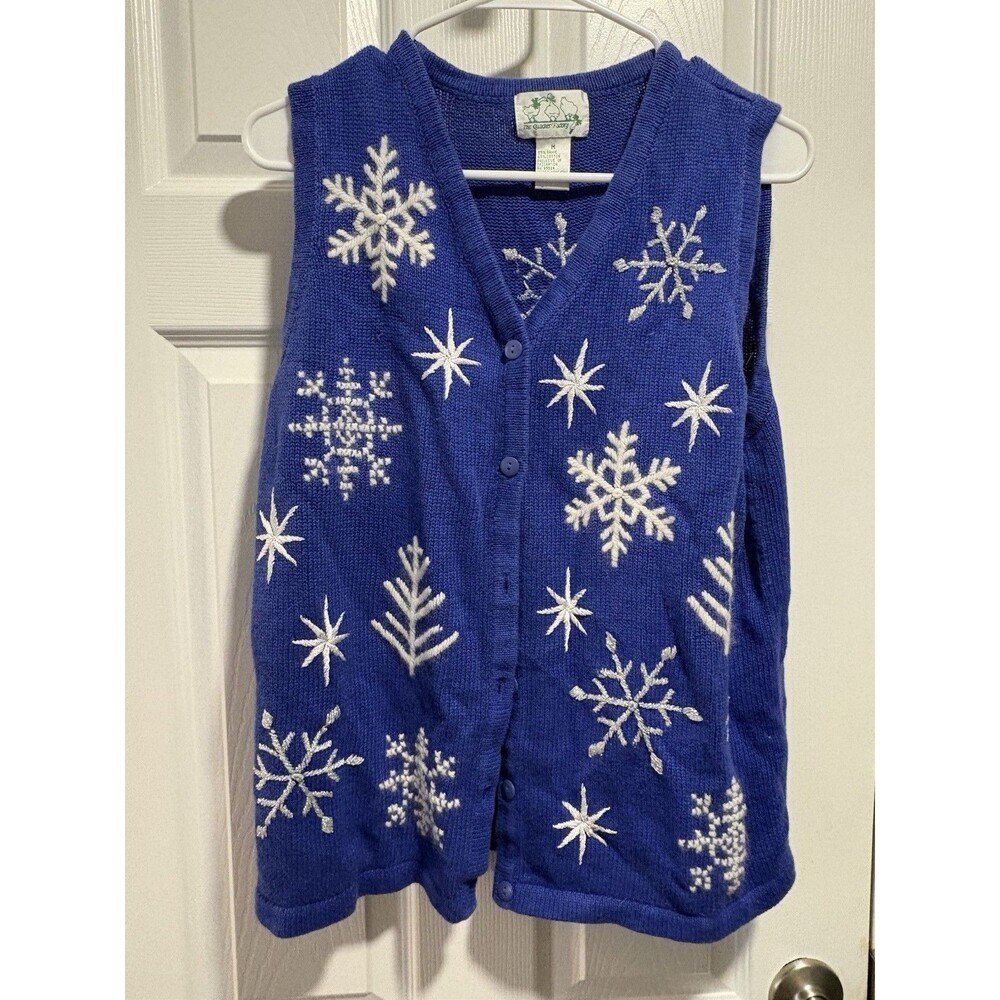 Quacker Factory Blue Snowflake Sweater Vest Button Stitching Med Grandma Core